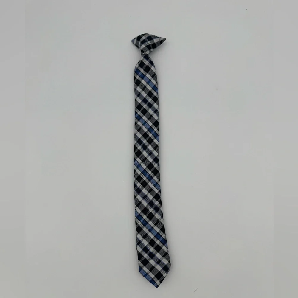 Boys Clip on skinny neck Tie plaid checkered blue black white dressy formal